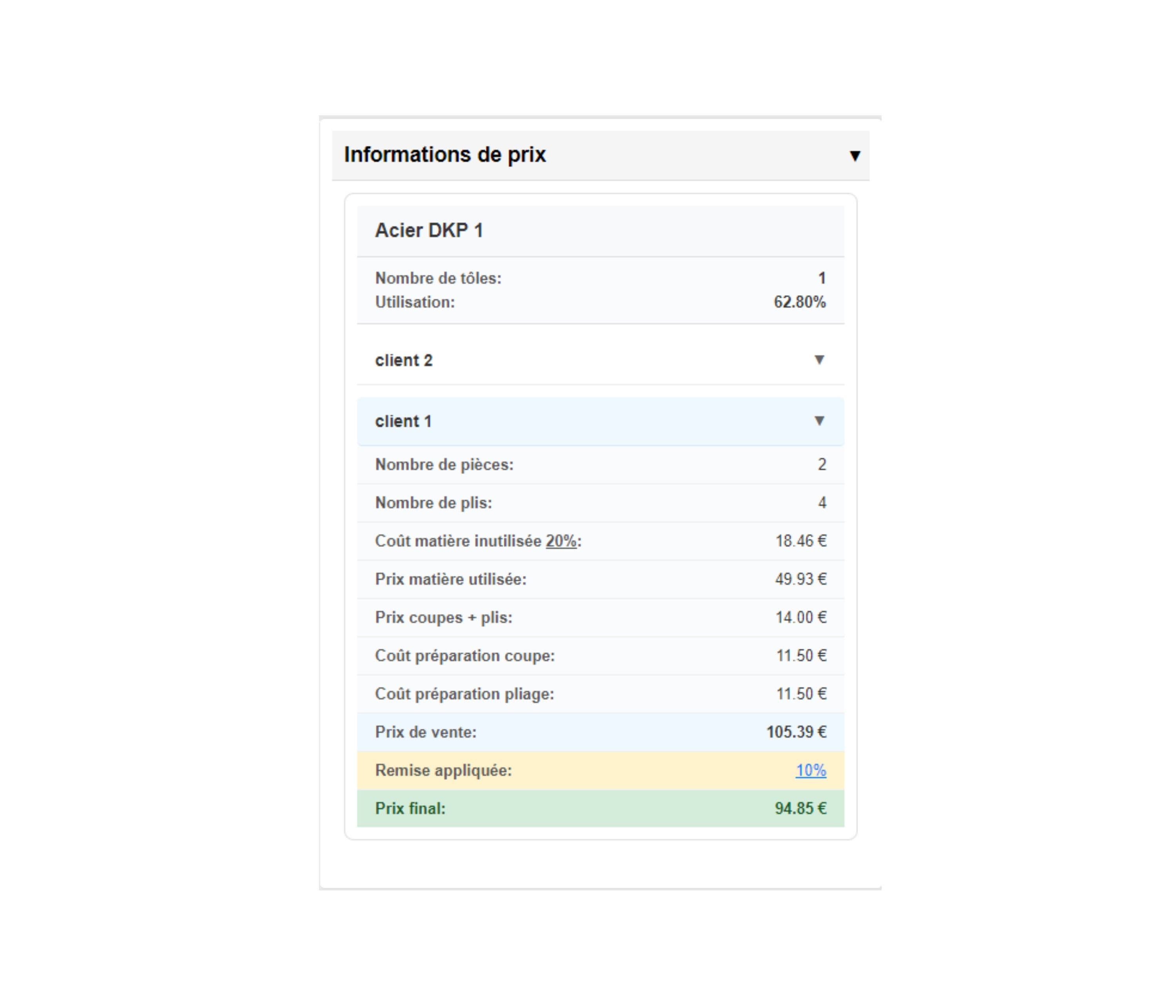 Interface de calcul des prix et marges