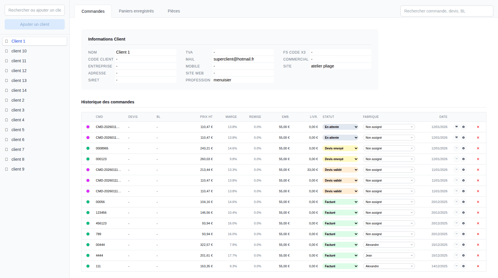 Module Clients avec liste et onglets