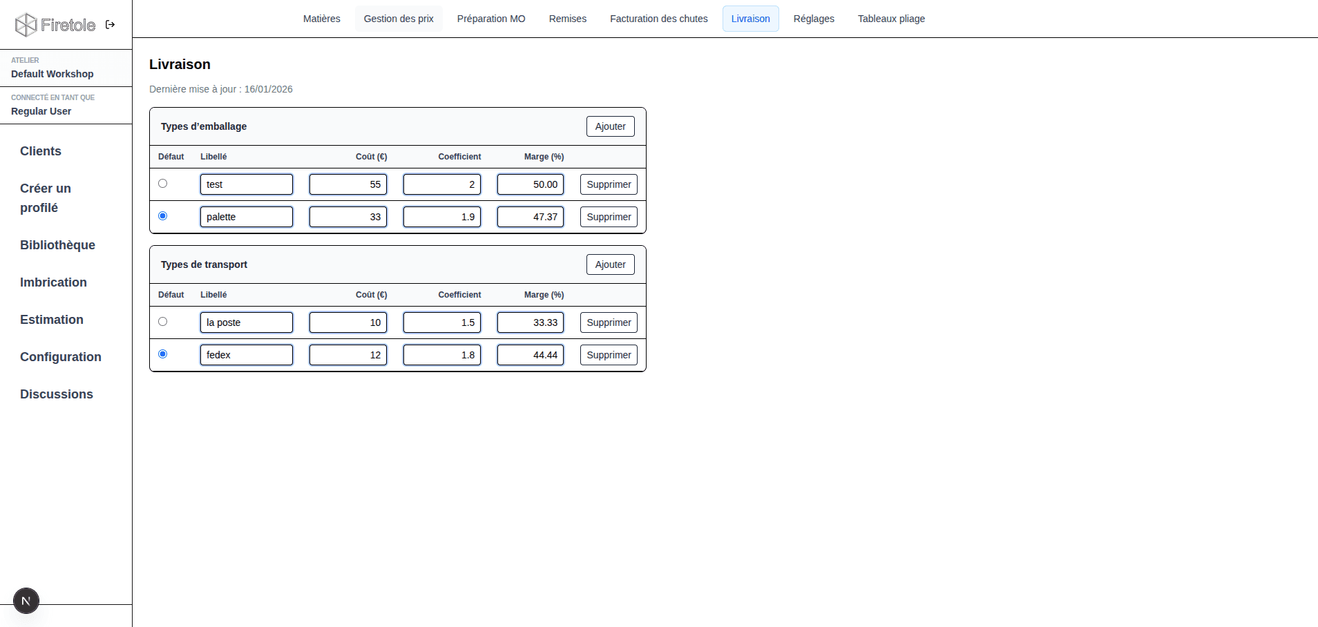 Configuration Livraison (types d’emballage et de transport)