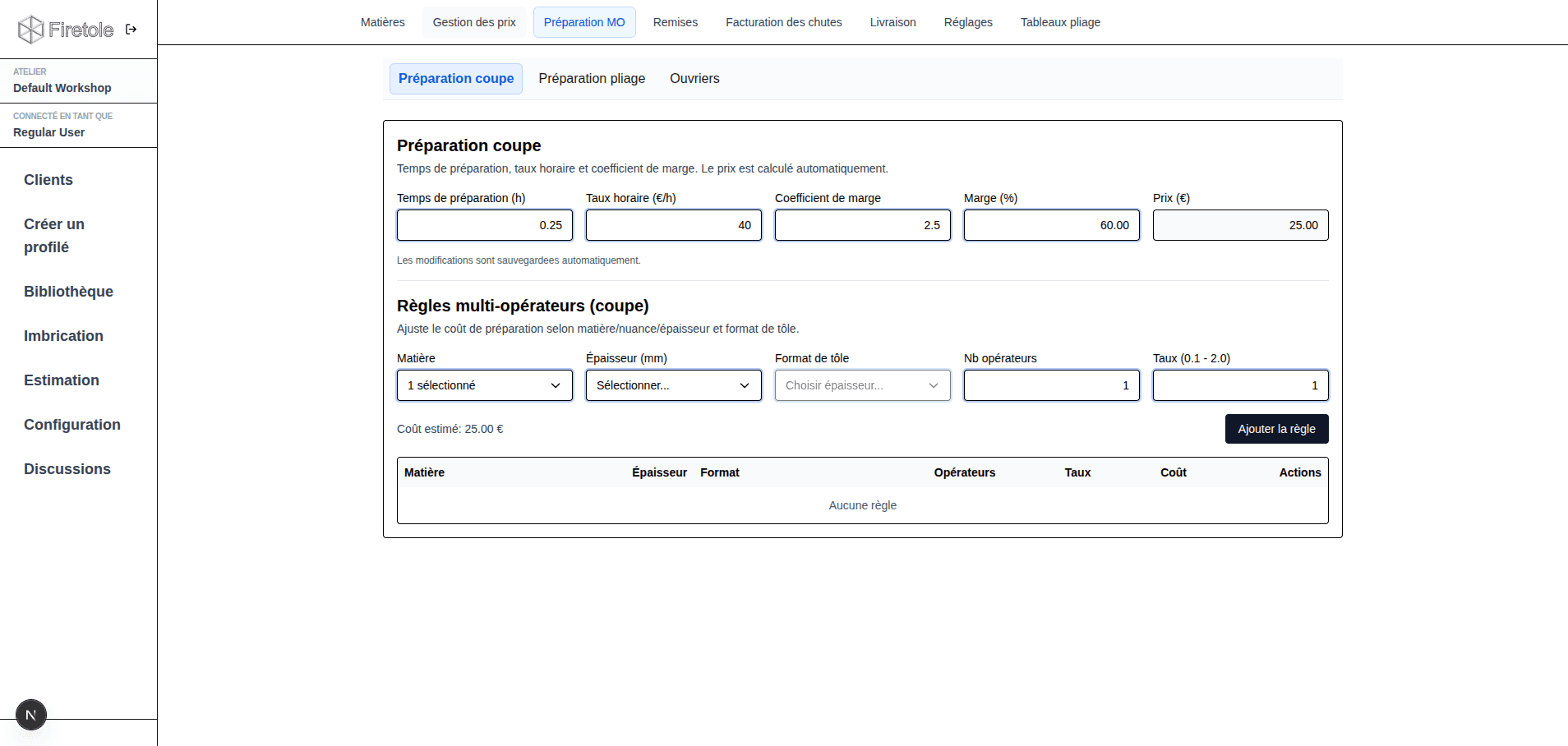 Configuration Préparation MO (onglets, temps, taux horaire, marge)
