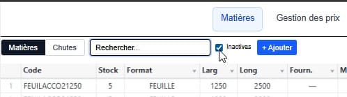 Configuration matières - case Inactives
