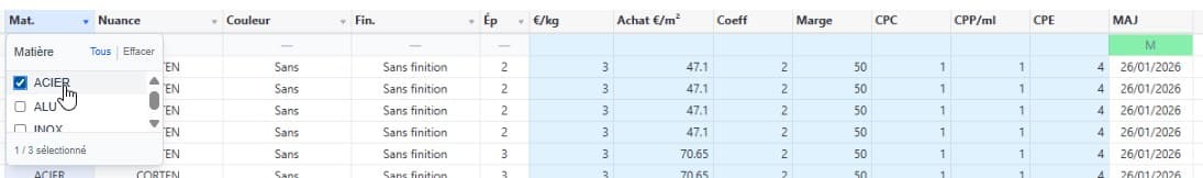 Configuration prix - ligne Modifier en masse