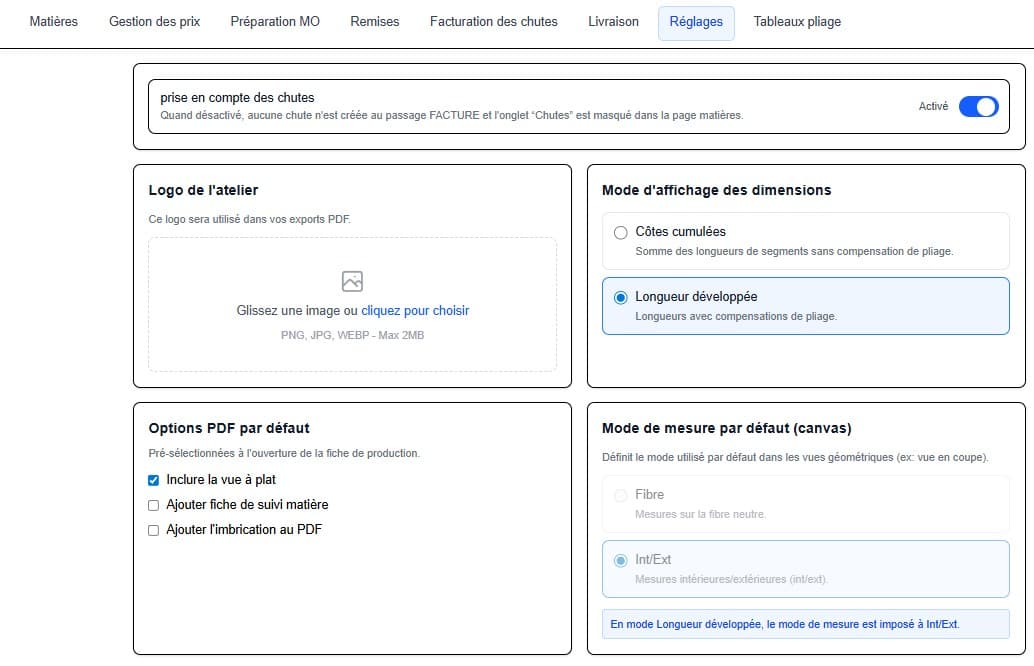 Configuration Réglages (logo, modes de cotes et options PDF)