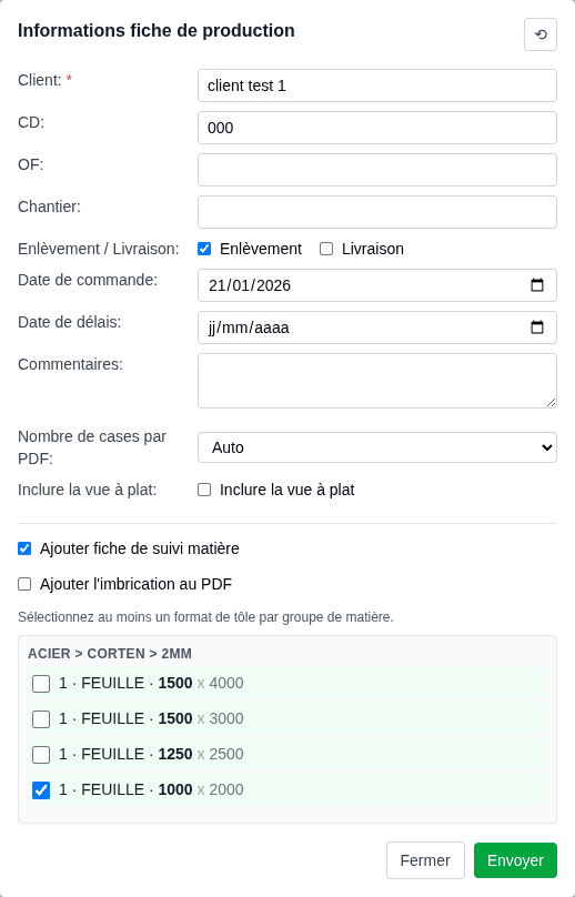 Informations fiche de production