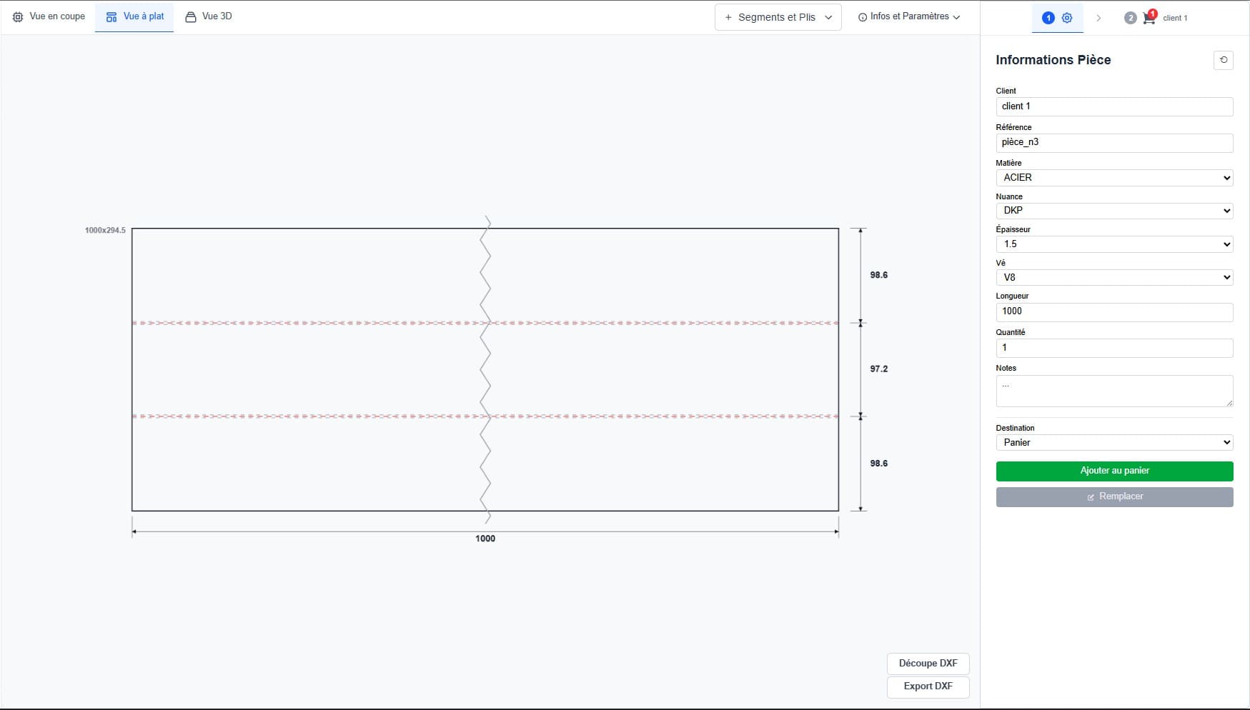 Développé d'une pièce avec lignes de pliage Développé d'une pièce avec lignes de pliage